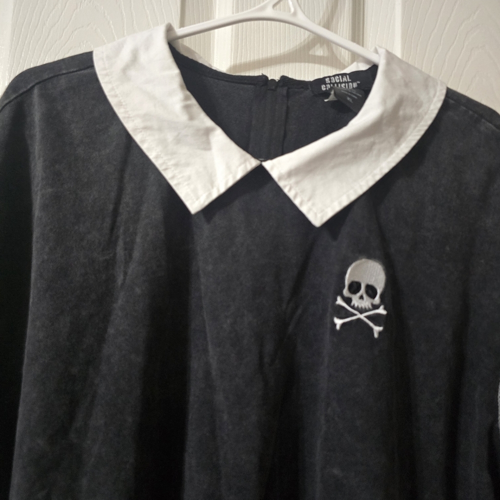 Social Collision Boxy Fit Acid Wash Collared Tee w/ Embroidered Skull Patch. - Picture 2 of 9